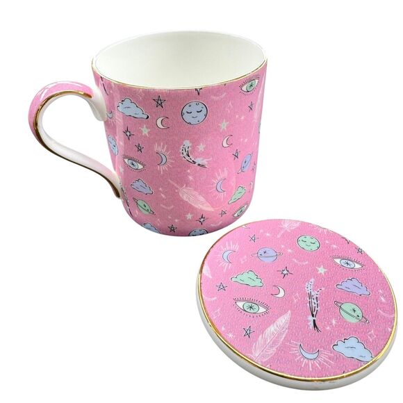 T2 Fine Bone China Tea Mug & Lid Gold Rim Sleep Tight Moon 3rd Eye Pink 13.5floz - Picture 1 of 11